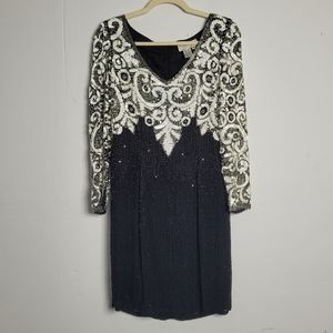 Oleg Cassini Vintage Beaded Black Tie Sequin Dress Black White Silver‎